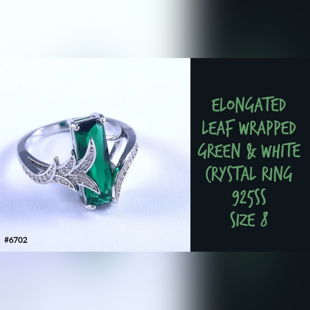 Leaf wrapped green crystal ring, Sz.8, 925ss